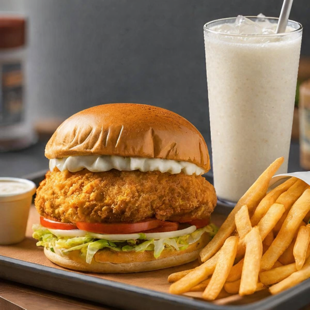 Burger, Fries, Sweet Lassi