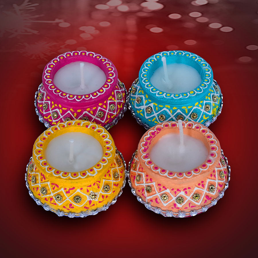 CLAY DIYA DECORATIVE WITH WAX TULSI & MATKI 4PC