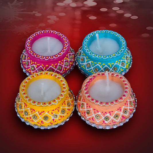 CLAY DIYA DECORATIVE WITH WAX TULSI & MATKI 4PC