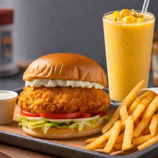 Burger, Fries, Mango Lassi